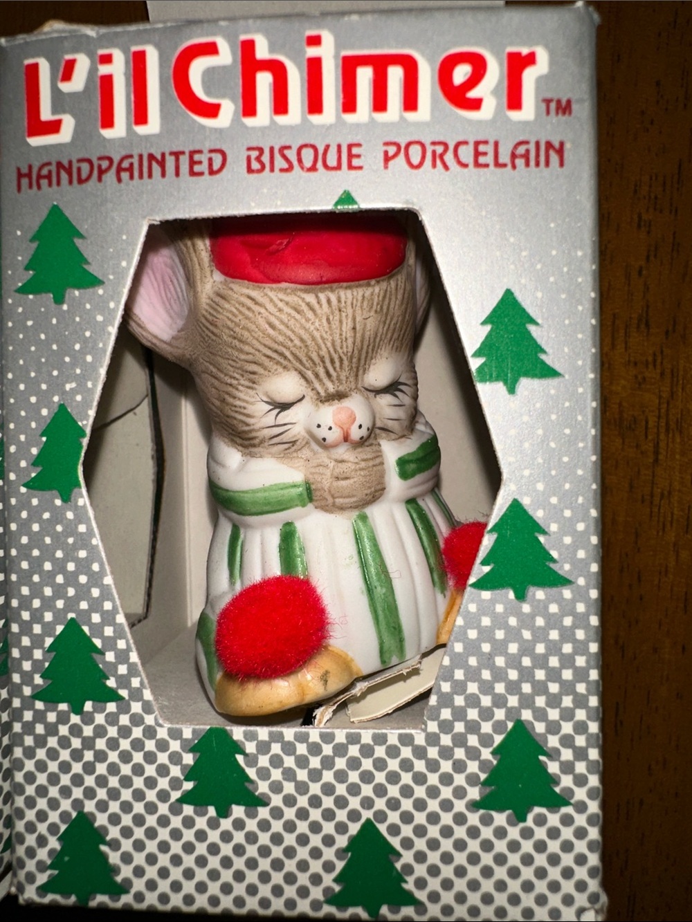 Li’l Chimer Bisque Porcelain Christmas Ornament Mouse Bells. Jasco Taiwan.